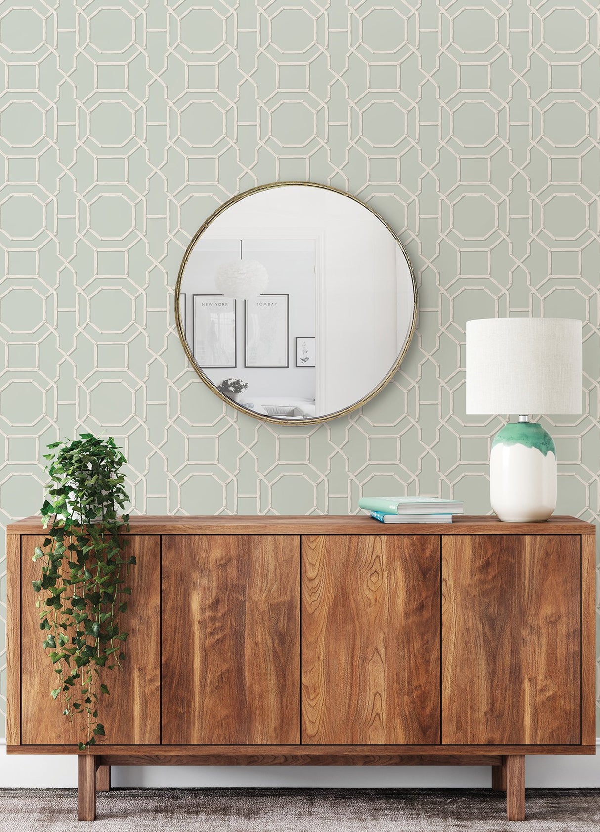 Sanya Seafoam Peel & Stick Wallpaper with Geometric Bamboo Trellis - NuWallpaper NUS4312