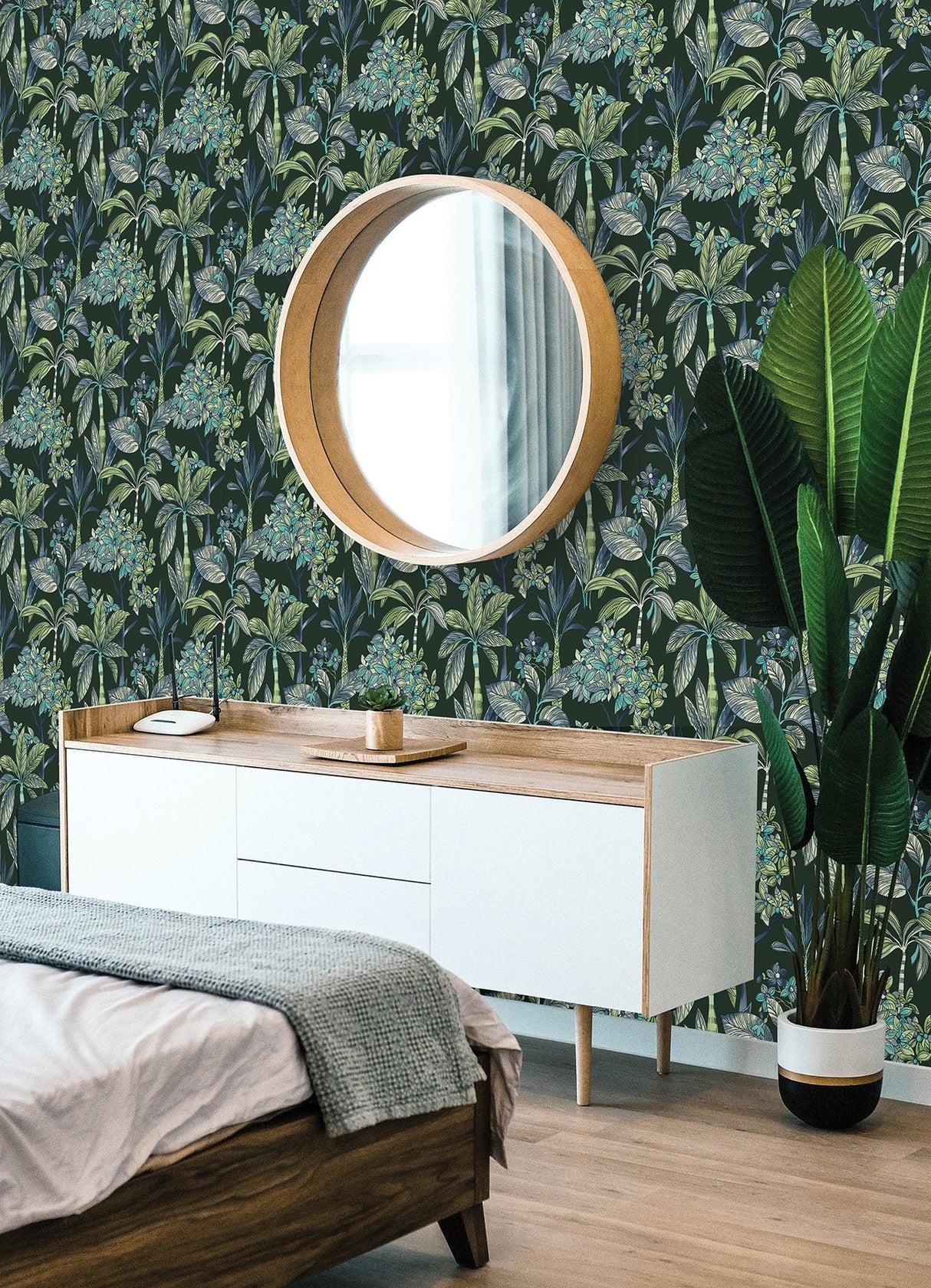 Panama Deep Green Peel & Stick Wallpaper with Tropical Botanical Trees Pattern - NuWallpaper NUS4316