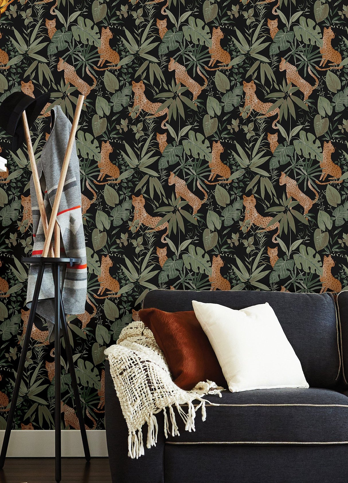 Jhalana Midnight Peel & Stick Wallpaper with Tropical Cheetah Motif - NuWallpaper NUS4320
