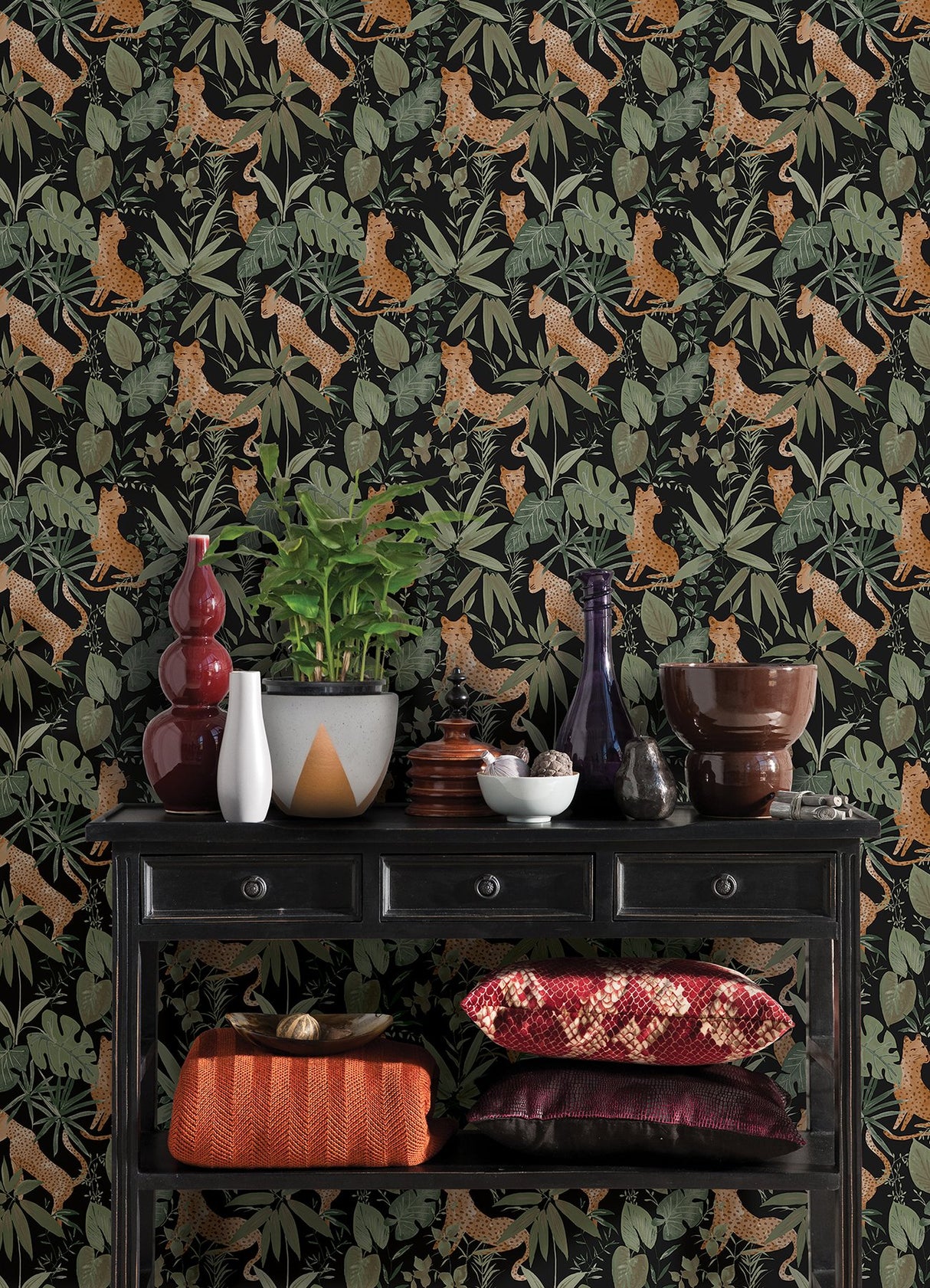 Jhalana Midnight Peel & Stick Wallpaper with Tropical Cheetah Motif - NuWallpaper NUS4320