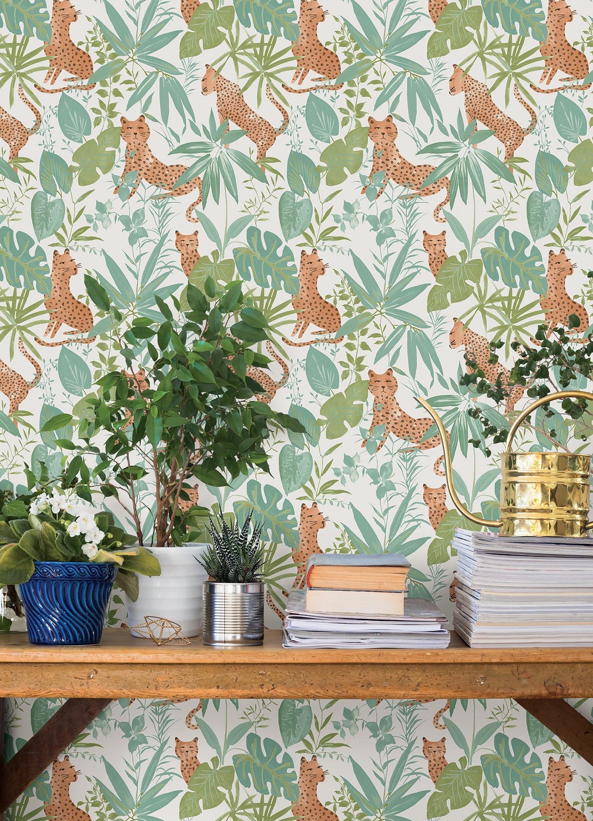 Jhalana Teal Lime Peel & Stick Wallpaper with Tropical Cheetah Motif - NuWallpaper NUS4321