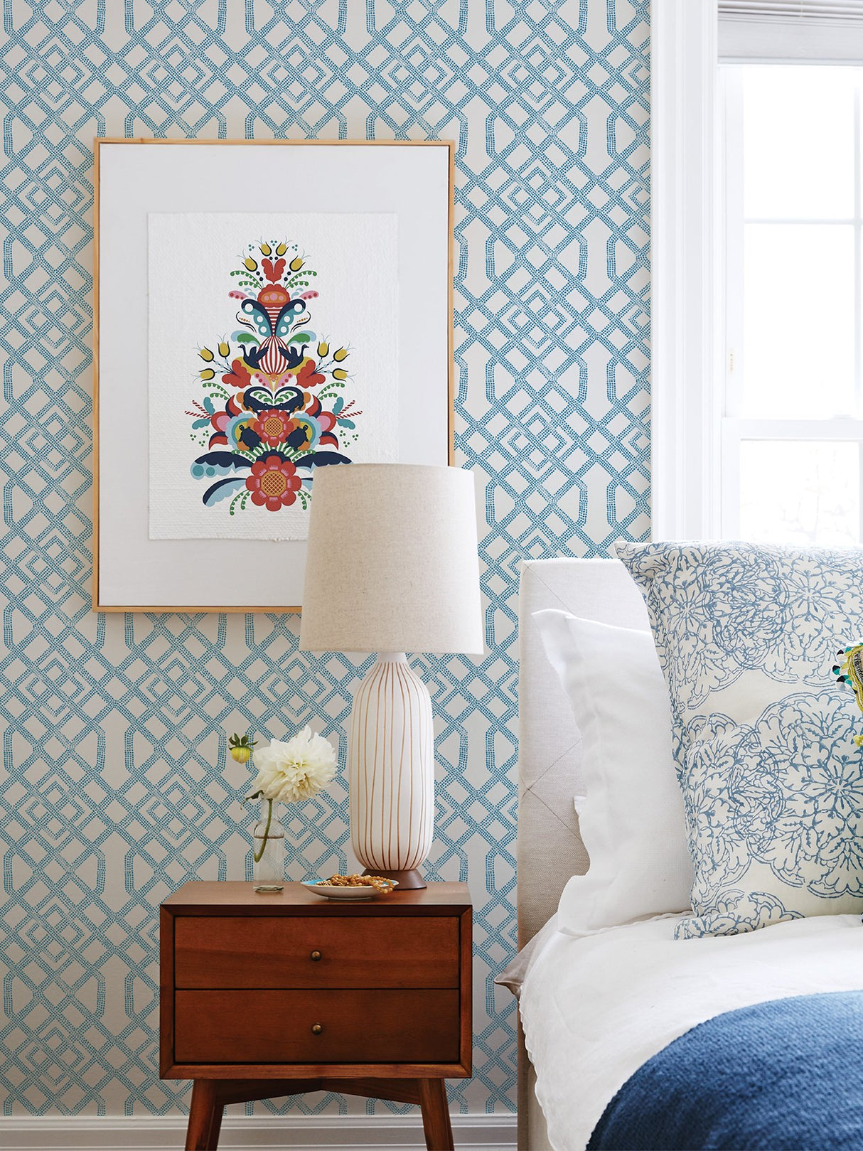 Tanner Blue Peel & Stick Wallpaper with Geometric Trellis Pattern - NuWallpaper NUS4384
