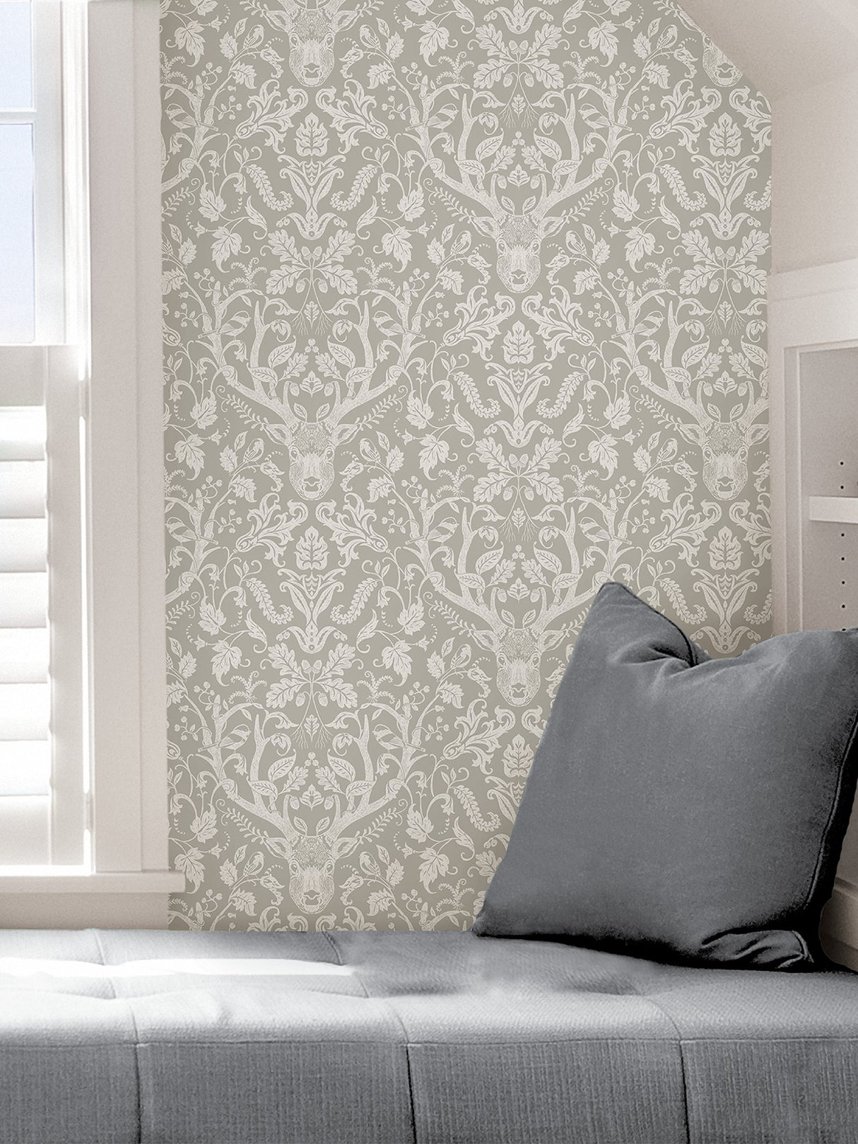 Escape to the Forest Taupe Peel & Stick Wallpaper with Scandinavian Damask Pattern - NuWallpaper NUS4393