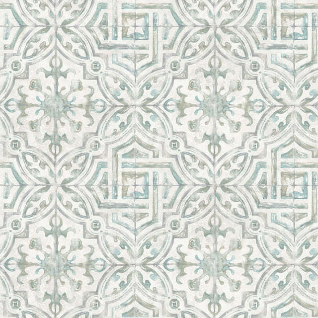Landondale Teal & Grey Peel & Stick Wallpaper with Spanish Tile Geometric Pattern - NuWallpaper NUS4395