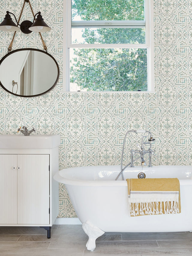 Landondale Teal & Grey Peel & Stick Wallpaper with Spanish Tile Geometric Pattern - NuWallpaper NUS4395