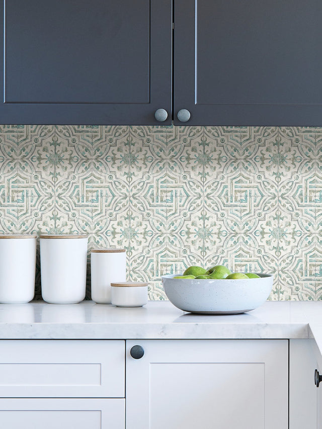 Landondale Teal & Grey Peel & Stick Wallpaper with Spanish Tile Geometric Pattern - NuWallpaper NUS4395