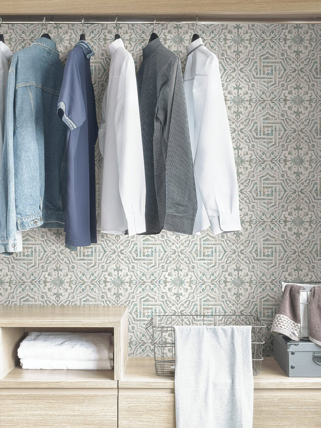 Landondale Teal & Grey Peel & Stick Wallpaper with Spanish Tile Geometric Pattern - NuWallpaper NUS4395