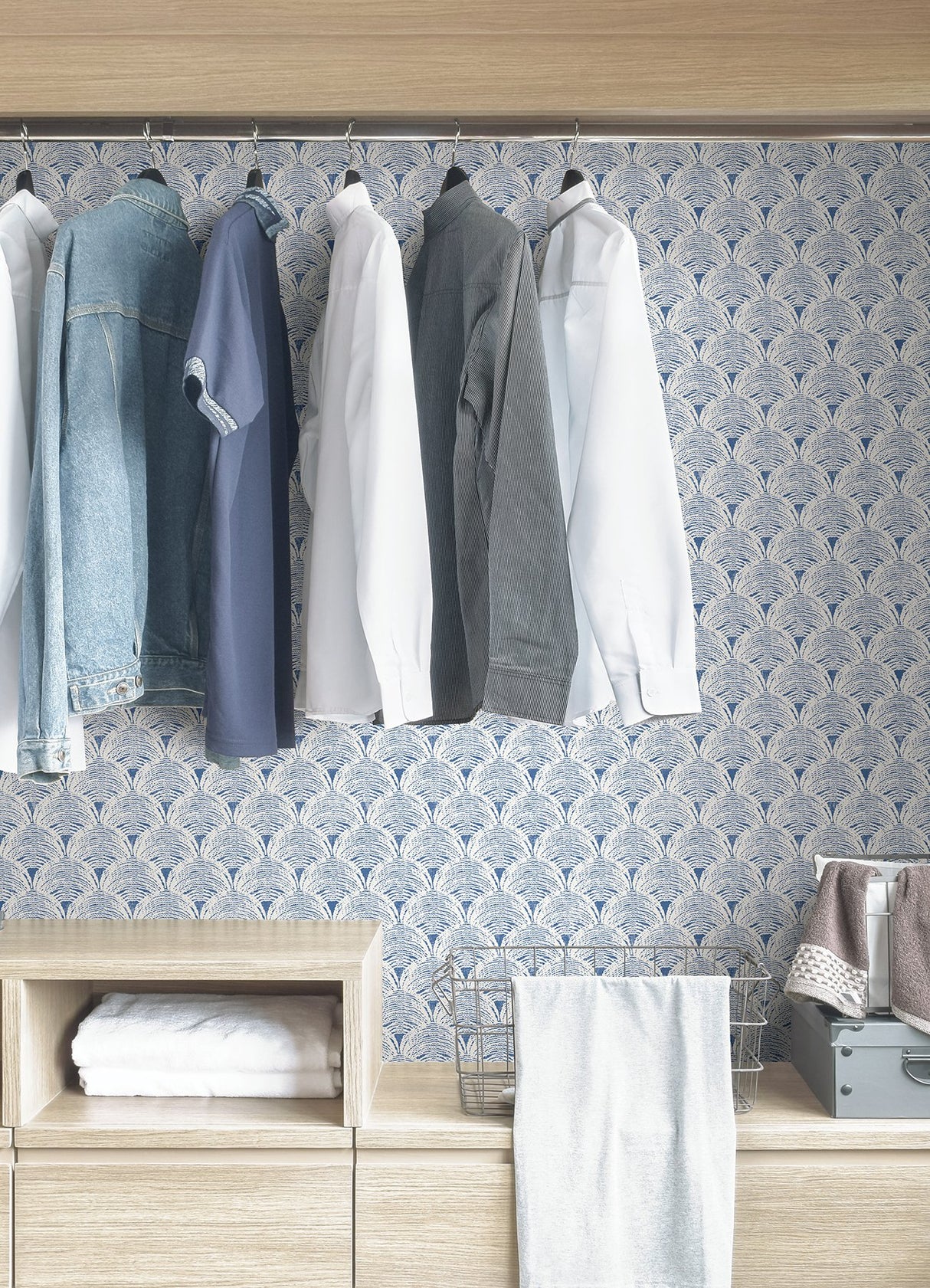Manila Blue Peel & Stick Wallpaper with Coastal Wave Geometric Pattern - NuWallpaper NUS4445