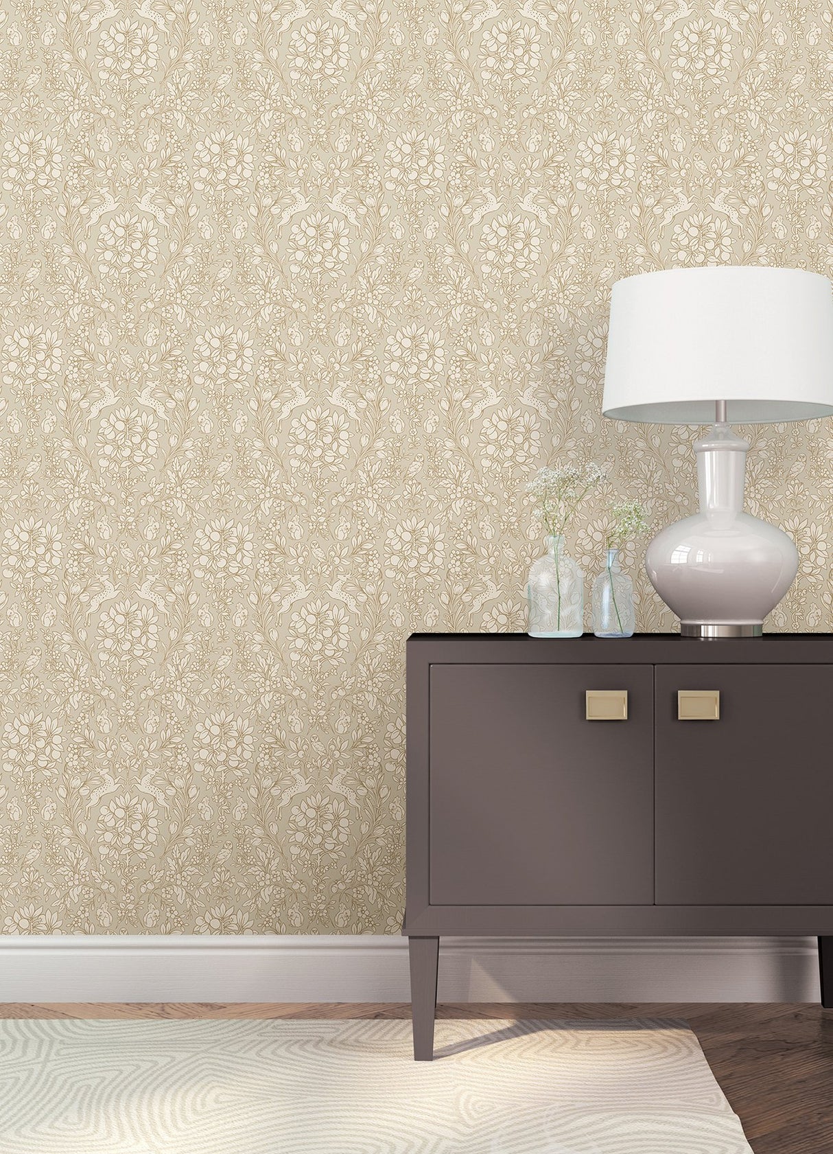 Enchanted Taupe Peel & Stick Wallpaper with Woodland Damask Pattern - NuWallpaper NUS4478