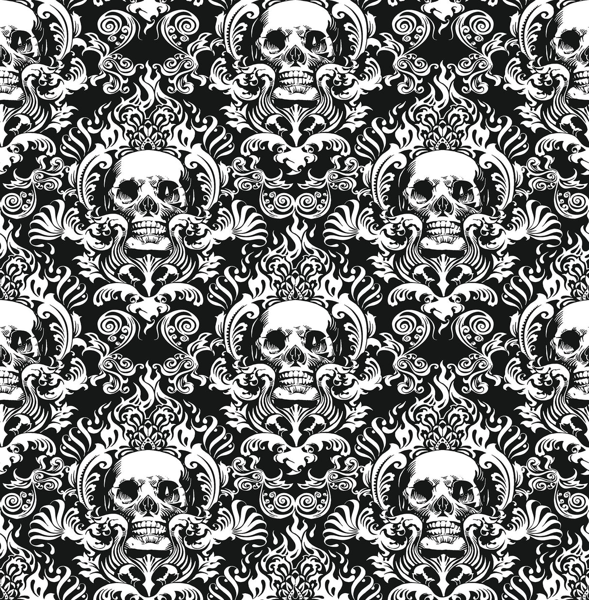 Skulls Black Fieri Novelty Peel & Stick Wallpaper with Skull Damask Pattern - NuWallpaper NUS4551