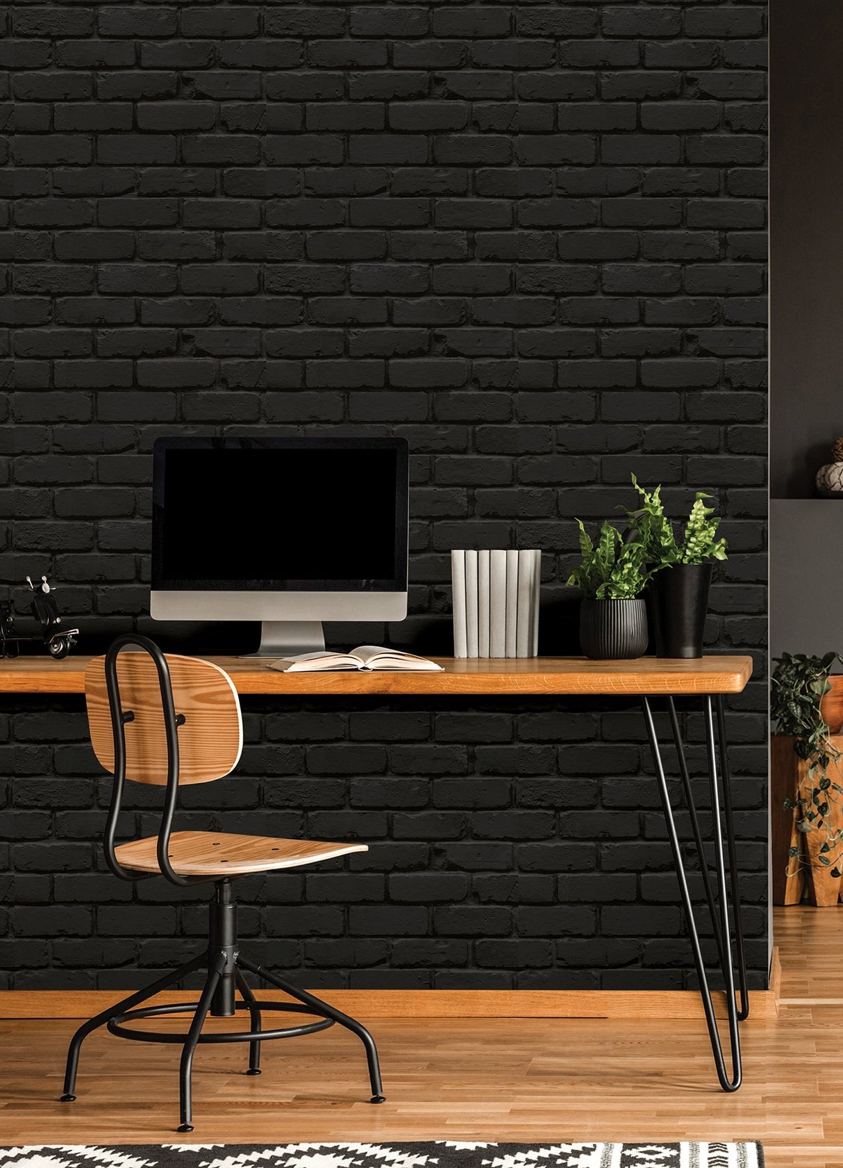 Amsterdam Black Brick Peel & Stick Wallpaper with Modern Graphic Brick Motif - NuWallpaper NUS4842