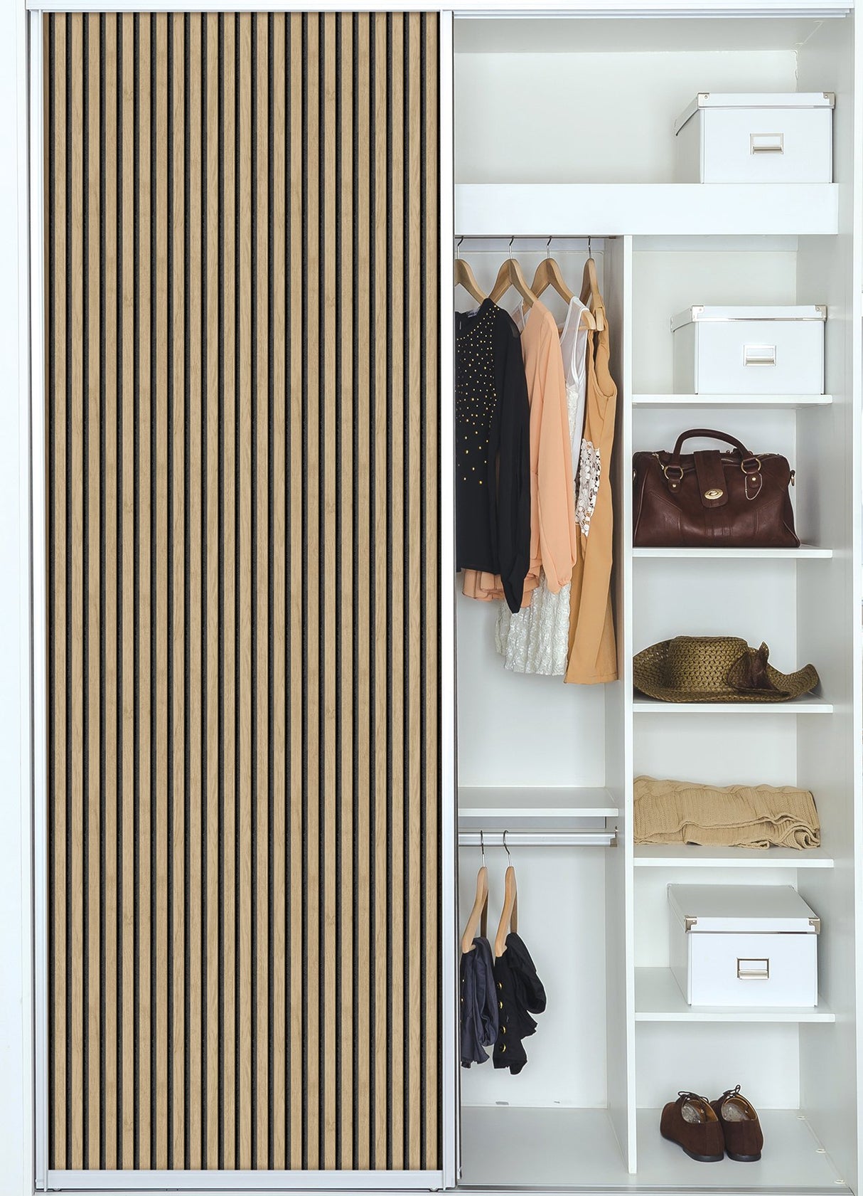 Slat Wood Oak Peel & Stick Wallpaper with Charcoal Wood Slat Motif - NuWallpaper NUS4846
