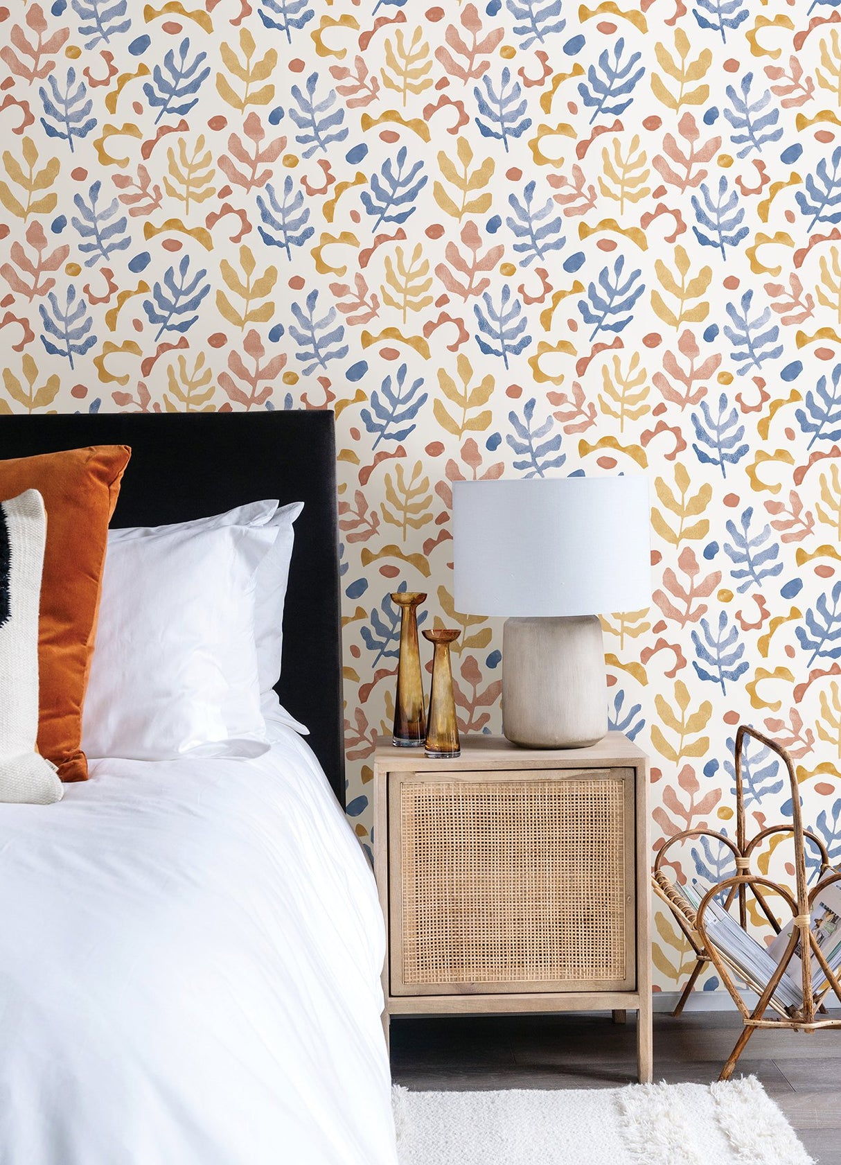 Mira Blue & Orange Peel & Stick Wallpaper with Bohemian Botanical Leaves Pattern - NuWallpaper NUS4938