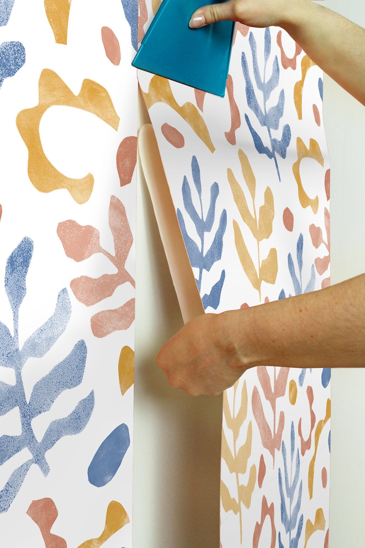 Mira Blue & Orange Peel & Stick Wallpaper with Bohemian Botanical Leaves Pattern - NuWallpaper NUS4938