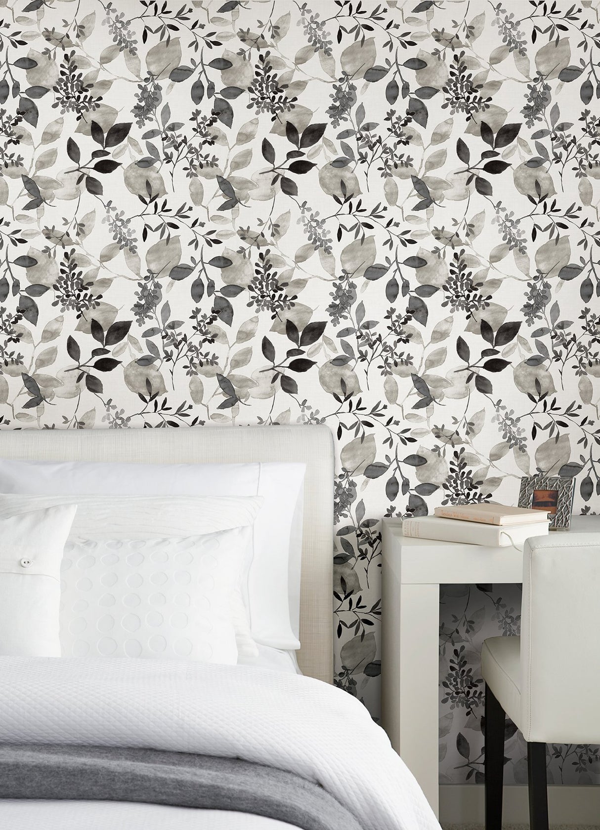 Breezy Black Peel & Stick Wallpaper with Farmhouse Botanical Leaf Motif - NuWallpaper NUS4983