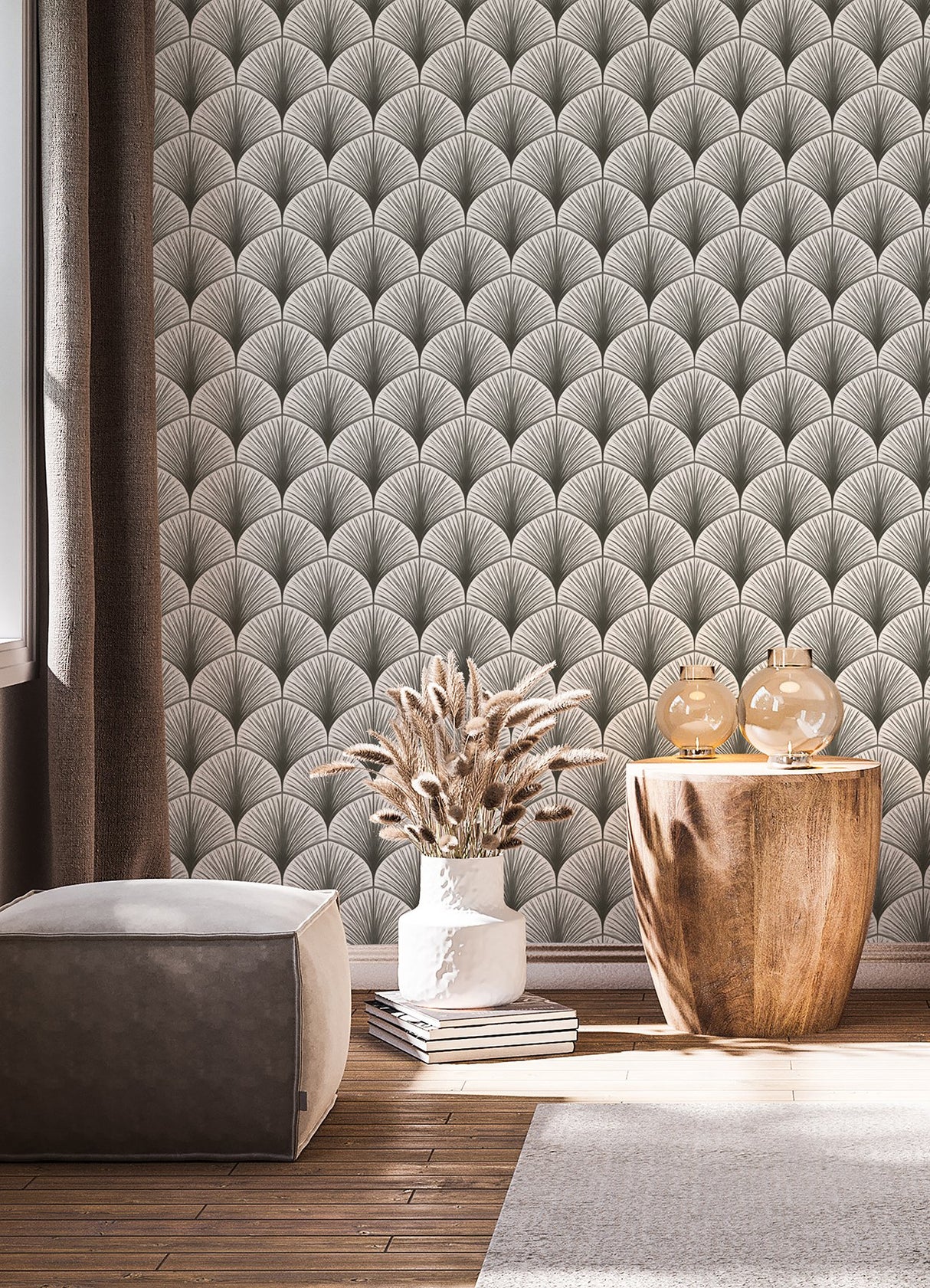 Amari Grey Peel & Stick Wallpaper with Art Deco Fan Ogee - NuWallpaper NUS4985