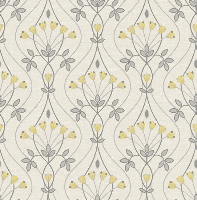 Wilder Grey Peel & Stick Wallpaper with Yellow Scandinavian Tulip Ogee Pattern - NuWallpaper NUS4986