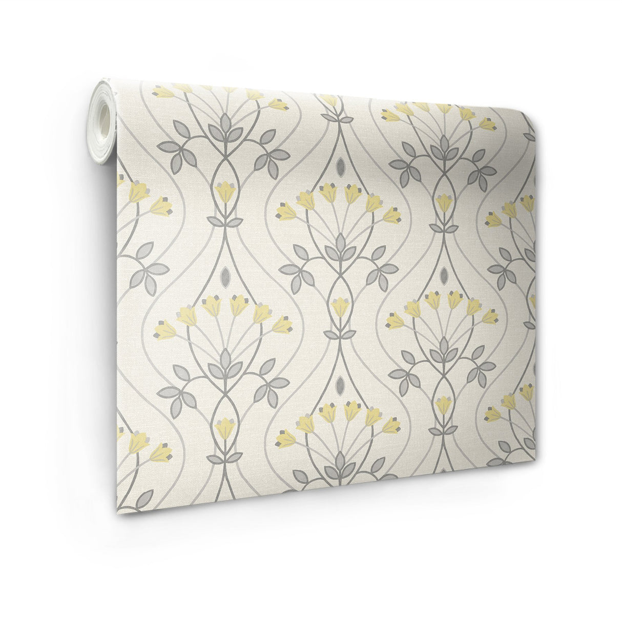 Wilder Grey Peel & Stick Wallpaper with Yellow Scandinavian Tulip Ogee Pattern - NuWallpaper NUS4986