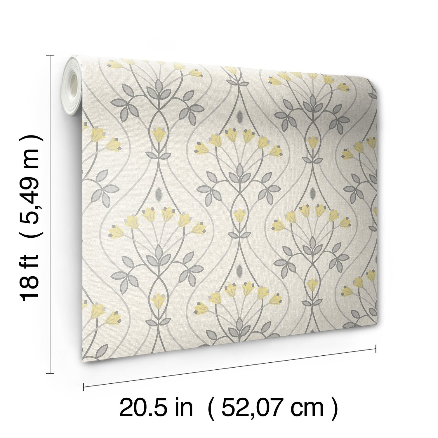Wilder Grey Peel & Stick Wallpaper with Yellow Scandinavian Tulip Ogee Pattern - NuWallpaper NUS4986