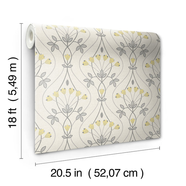 Wilder Grey Peel & Stick Wallpaper with Yellow Scandinavian Tulip Ogee Pattern - NuWallpaper NUS4986