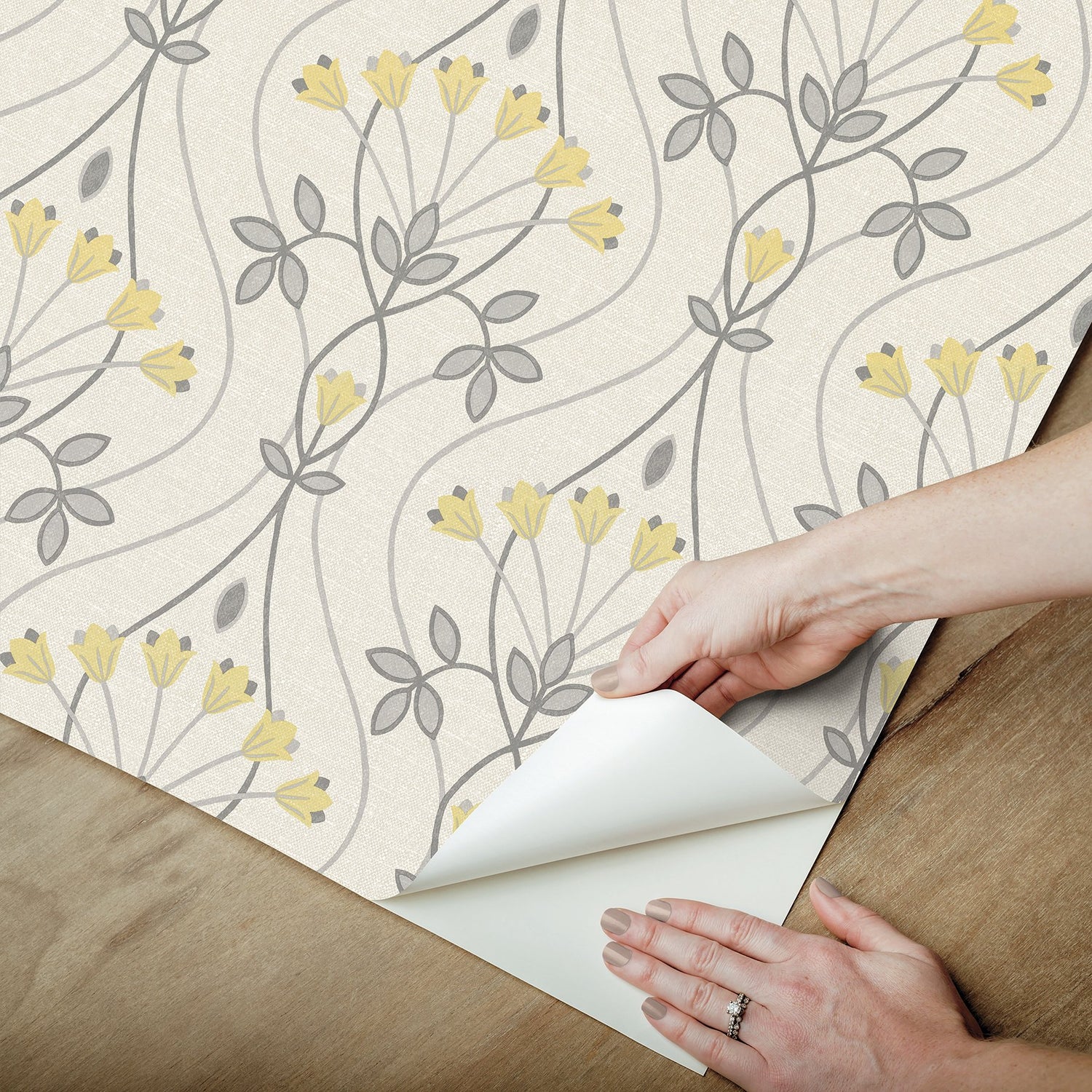 Wilder Grey Peel & Stick Wallpaper with Yellow Scandinavian Tulip Ogee Pattern - NuWallpaper NUS4986