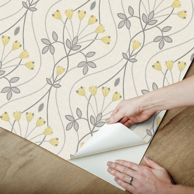 Wilder Grey Peel & Stick Wallpaper with Yellow Scandinavian Tulip Ogee Pattern - NuWallpaper NUS4986
