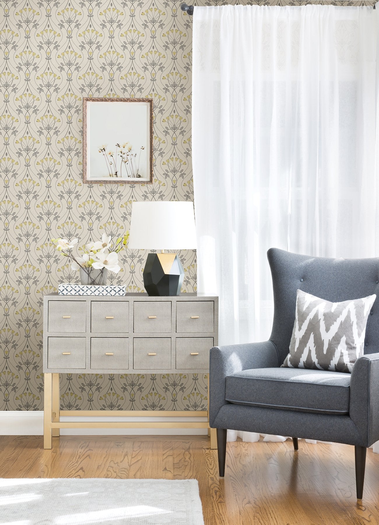 Wilder Grey Peel & Stick Wallpaper with Yellow Scandinavian Tulip Ogee Pattern - NuWallpaper NUS4986