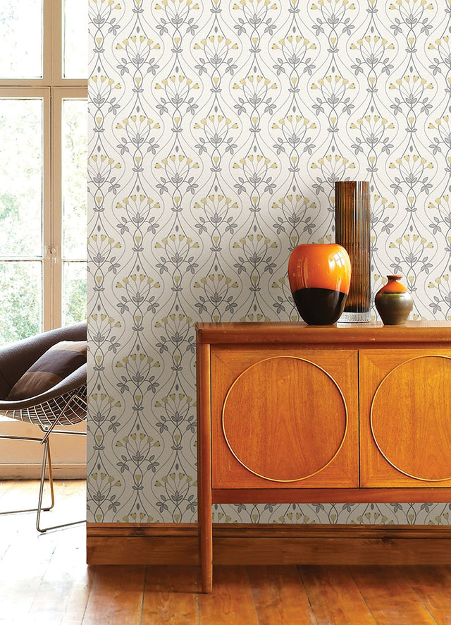 Wilder Grey Peel & Stick Wallpaper with Yellow Scandinavian Tulip Ogee Pattern - NuWallpaper NUS4986