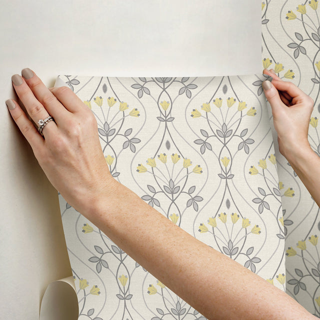 Wilder Grey Peel & Stick Wallpaper with Yellow Scandinavian Tulip Ogee Pattern - NuWallpaper NUS4986