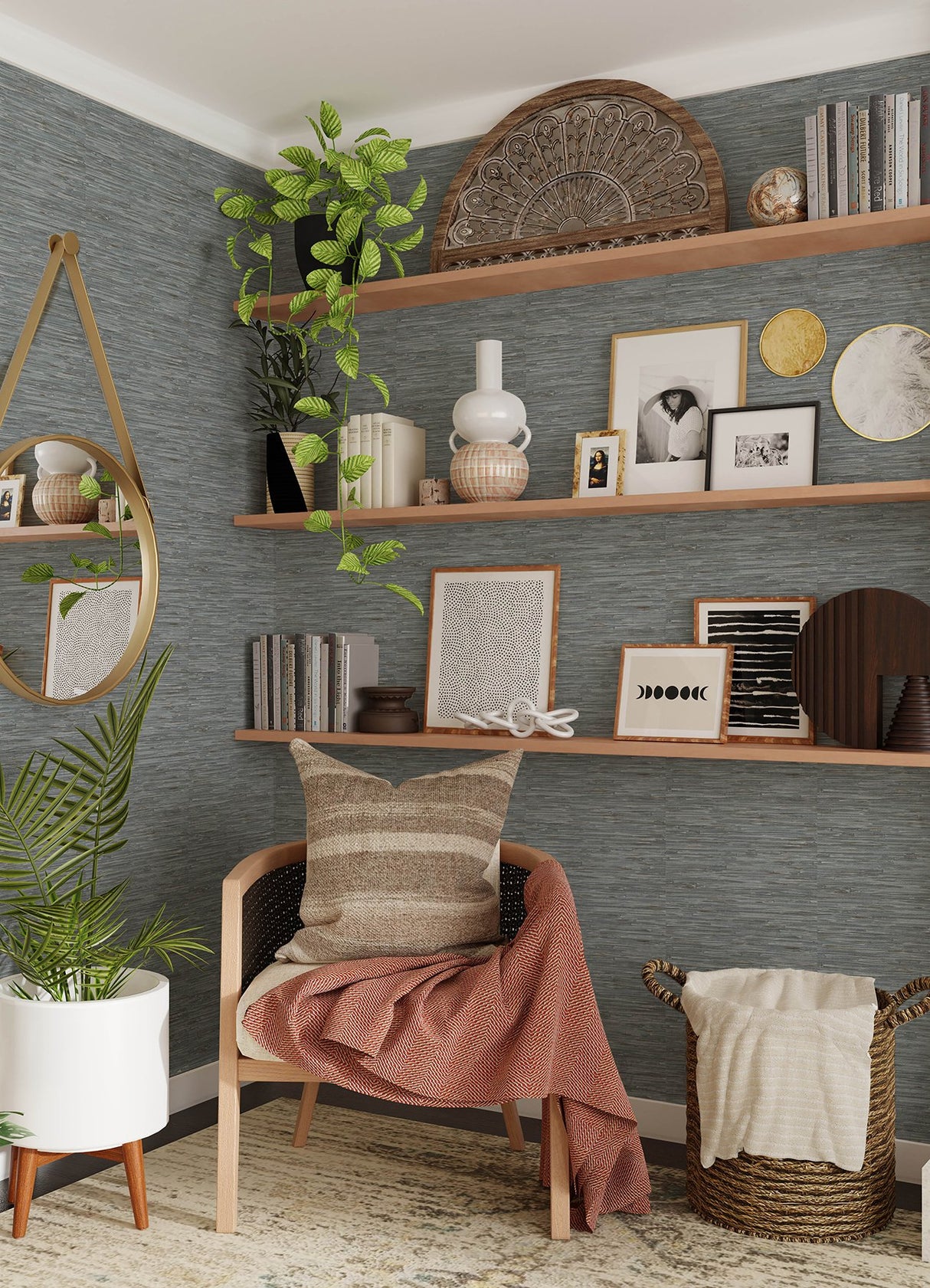 Grassweave Blue Peel & Stick Wallpaper with Faux Grasscloth Pattern - NuWallpaper NUS4991