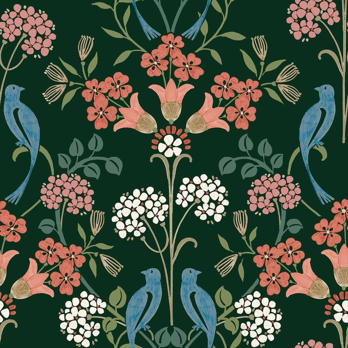 Meadow Song Green Peel & Stick Wallpaper with Botanical Bird Damask Pattern - NuWallpaper NUS6093