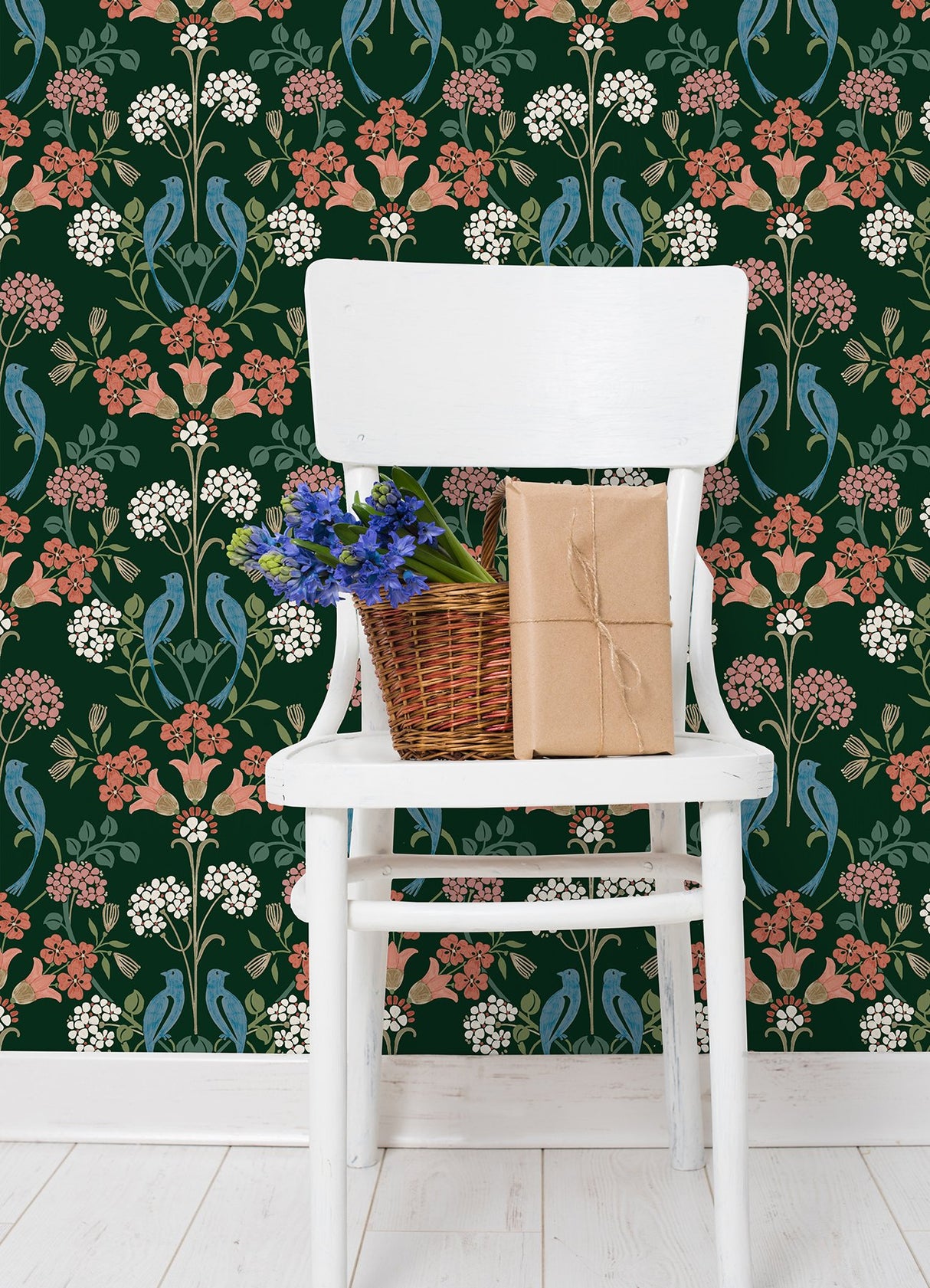 Meadow Song Green Peel & Stick Wallpaper with Botanical Bird Damask Pattern - NuWallpaper NUS6093