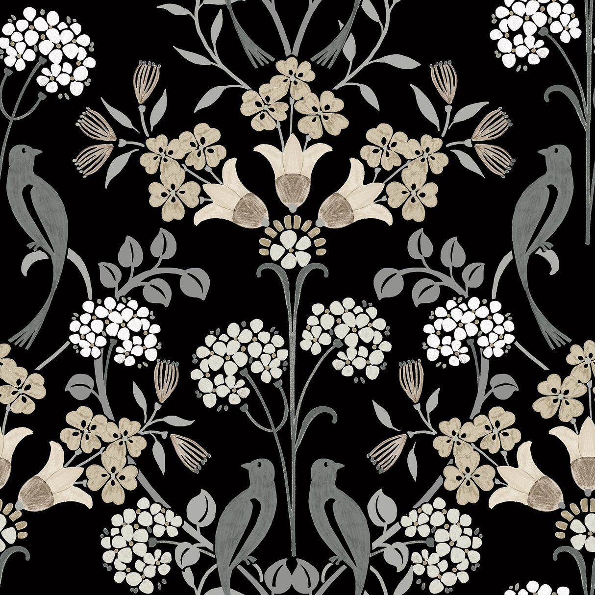 Meadow Song Black & Neutral Peel & Stick Wallpaper with Botanical Damask and Farmhouse Style - NUS6095