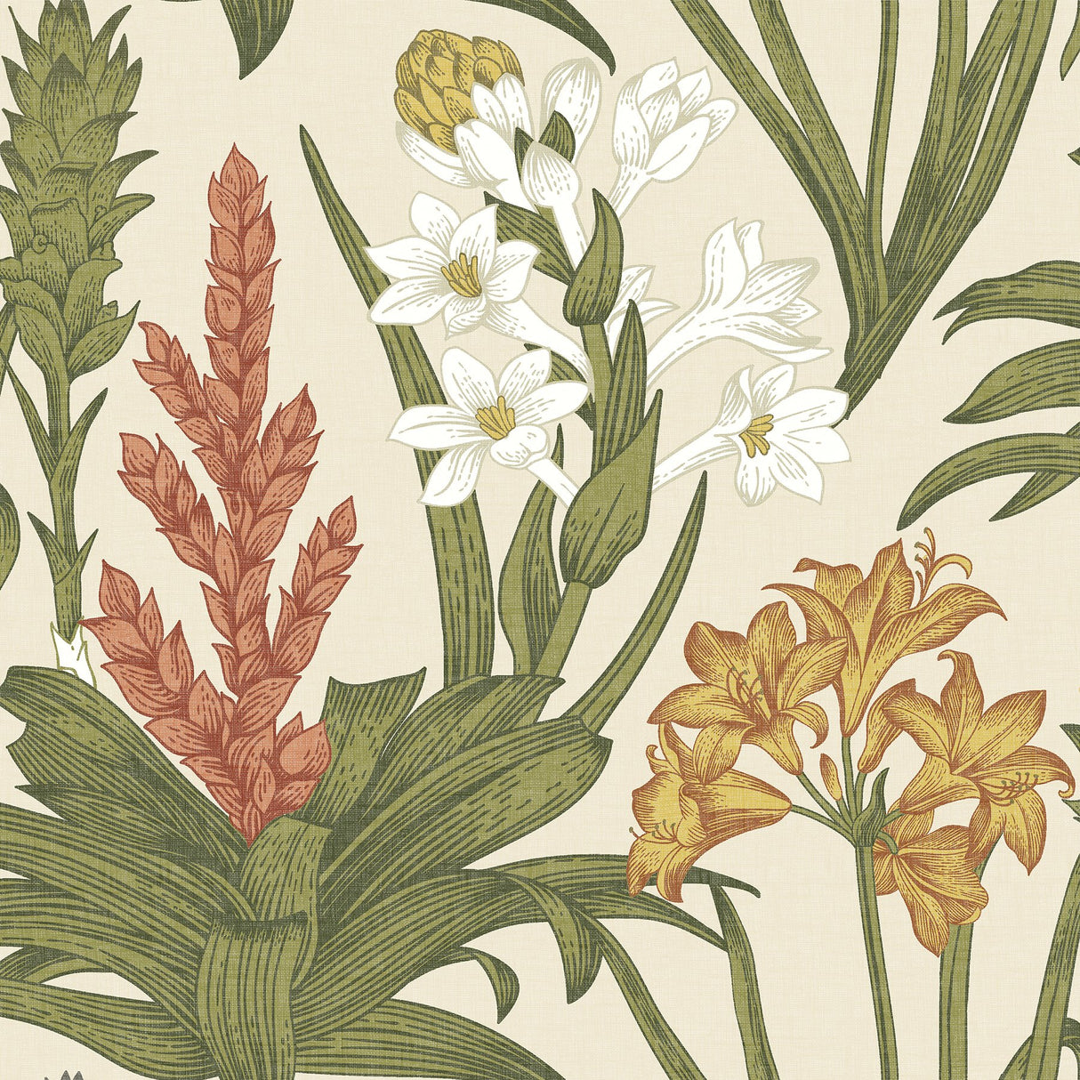 Blooming Villa Linen & Olive Peel & Stick Wallpaper with Botanical Floral Pattern, Farmhouse Style - NuWallpaper NUS6097