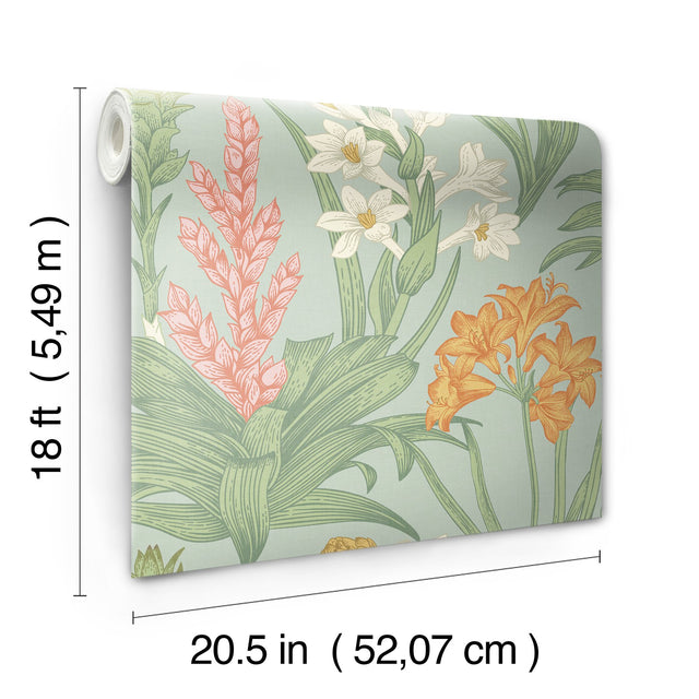Blooming Villa Jade & Pink Peel & Stick Wallpaper with Botanical Floral Pattern - NuWallpaper NUS6098