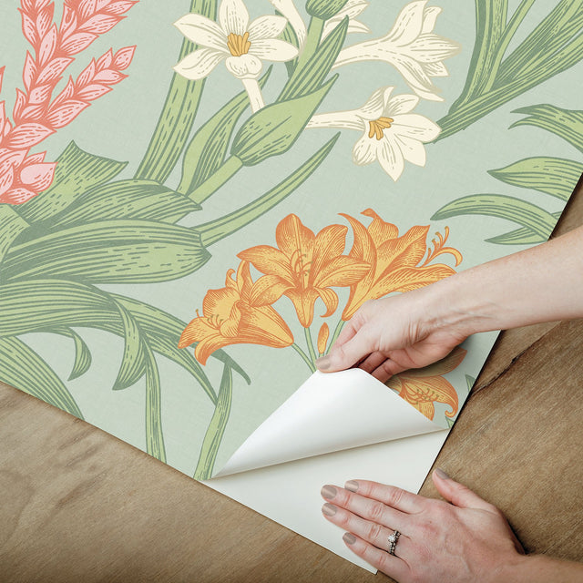 Blooming Villa Jade & Pink Peel & Stick Wallpaper with Botanical Floral Pattern - NuWallpaper NUS6098