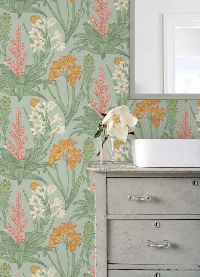Blooming Villa Jade & Pink Peel & Stick Wallpaper with Botanical Floral Pattern - NuWallpaper NUS6098