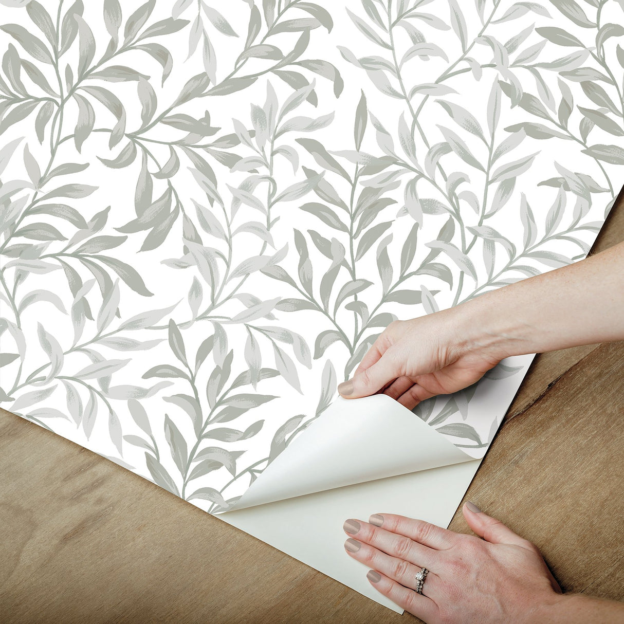 Terrace Vines Sea Salt Grey Peel & Stick Wallpaper with Botanical Vining Greenery - NuWallpaper NUS6099