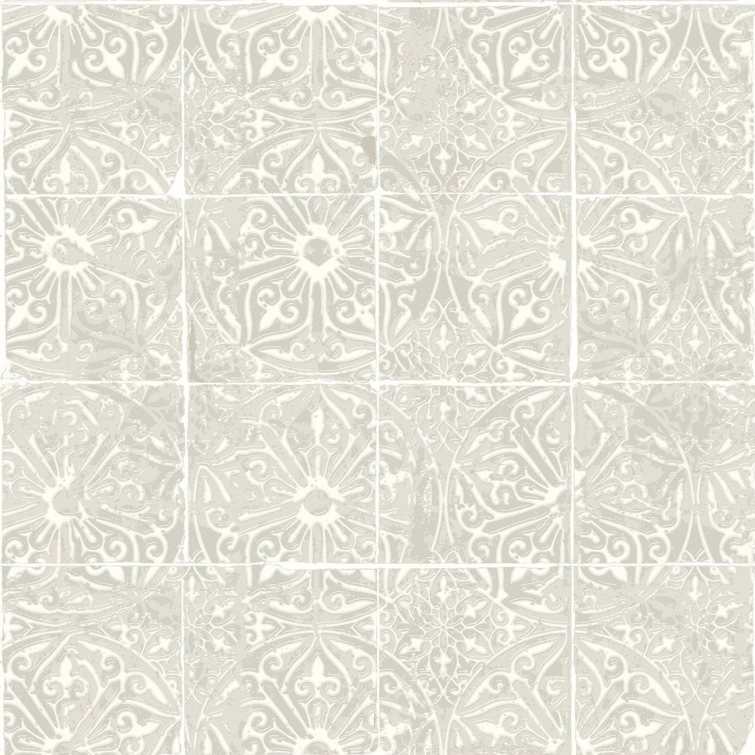 Provincial Tile Grey Peel & Stick Wallpaper with Floral Tile Motif - NuWallpaper NUS6102