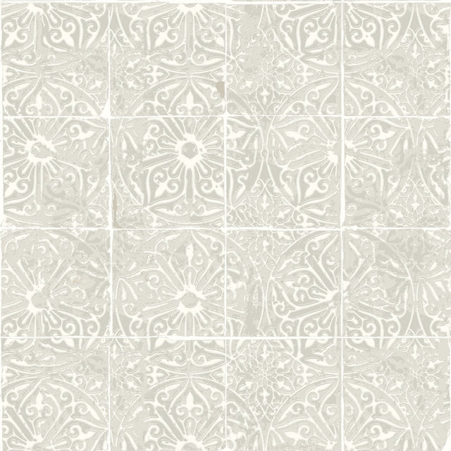 Provincial Tile Grey Peel & Stick Wallpaper with Floral Tile Motif - NuWallpaper NUS6102