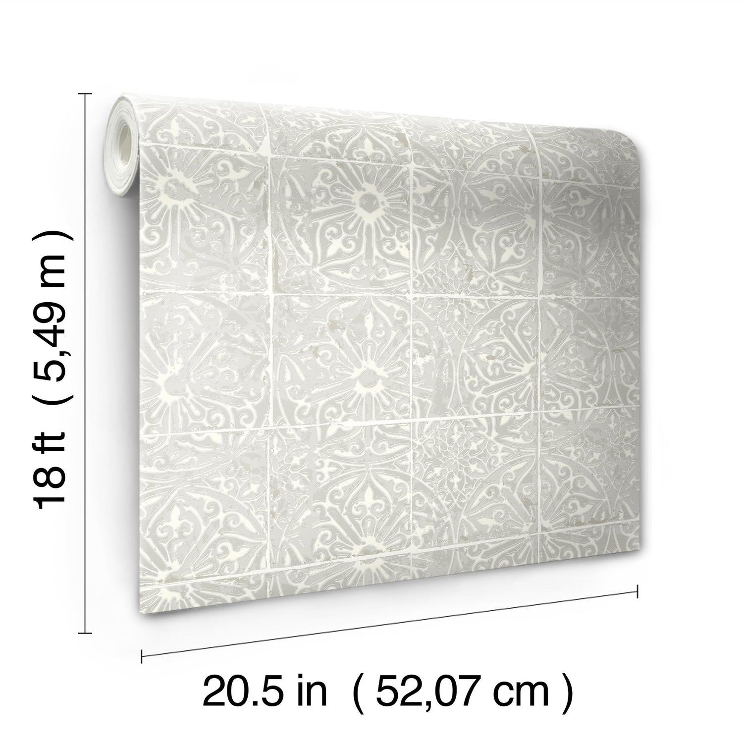 Provincial Tile Grey Peel & Stick Wallpaper with Floral Tile Motif - NuWallpaper NUS6102