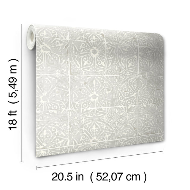 Provincial Tile Grey Peel & Stick Wallpaper with Floral Tile Motif - NuWallpaper NUS6102