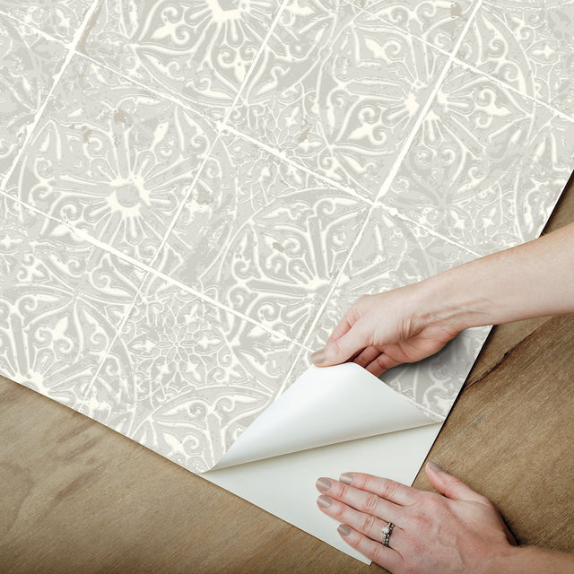 Provincial Tile Grey Peel & Stick Wallpaper with Floral Tile Motif - NuWallpaper NUS6102