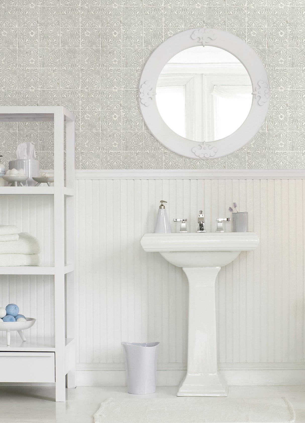 Provincial Tile Grey Peel & Stick Wallpaper with Floral Tile Motif - NuWallpaper NUS6102