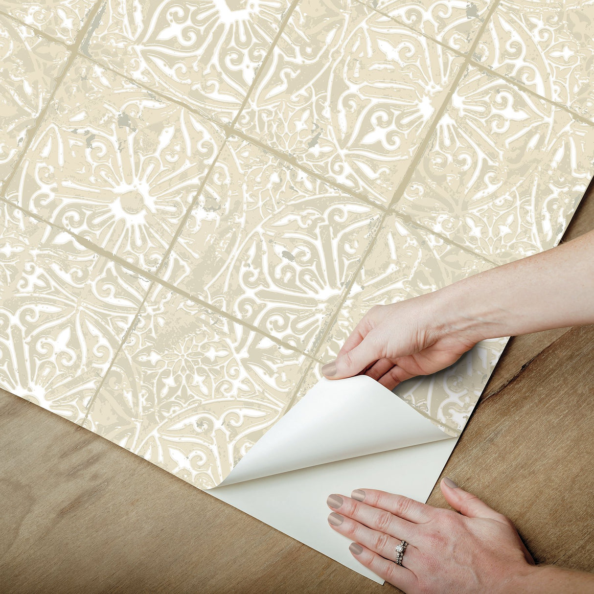 Provincial Tile Cream Peel & Stick Wallpaper with Floral Tile Motif - NuWallpaper NUS6103