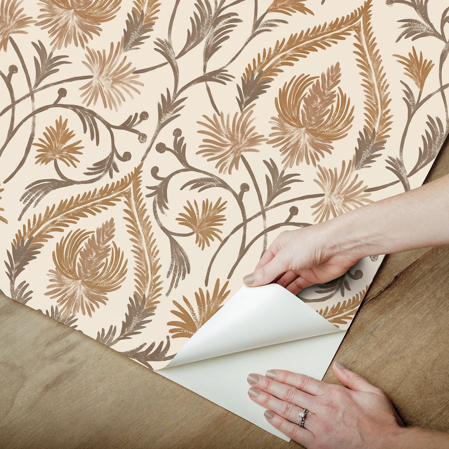 Isle Brown Peel & Stick Wallpaper with Botanical Damask Pattern, Traditional Style - NuWallpaper NUS6191