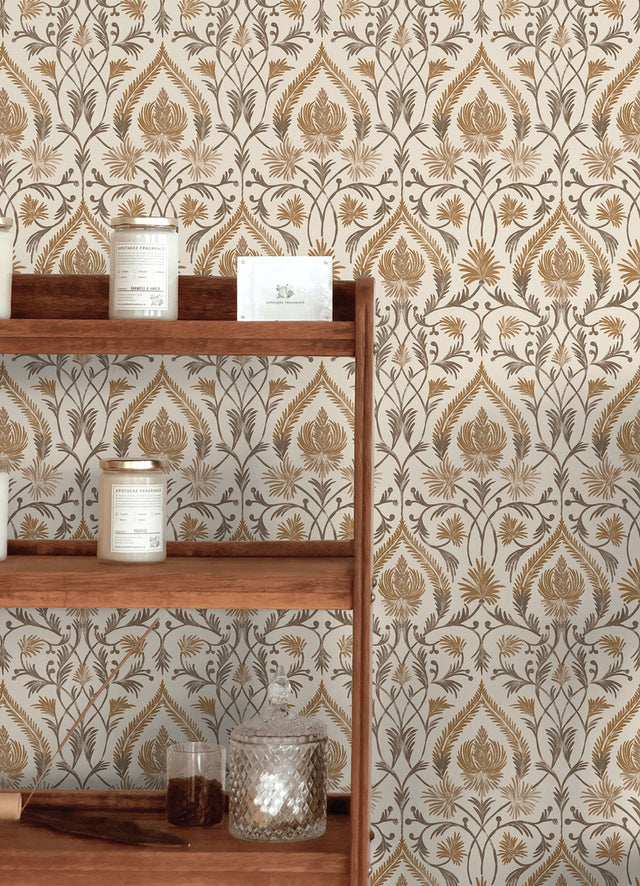 Isle Brown Peel & Stick Wallpaper with Botanical Damask Pattern, Traditional Style - NuWallpaper NUS6191