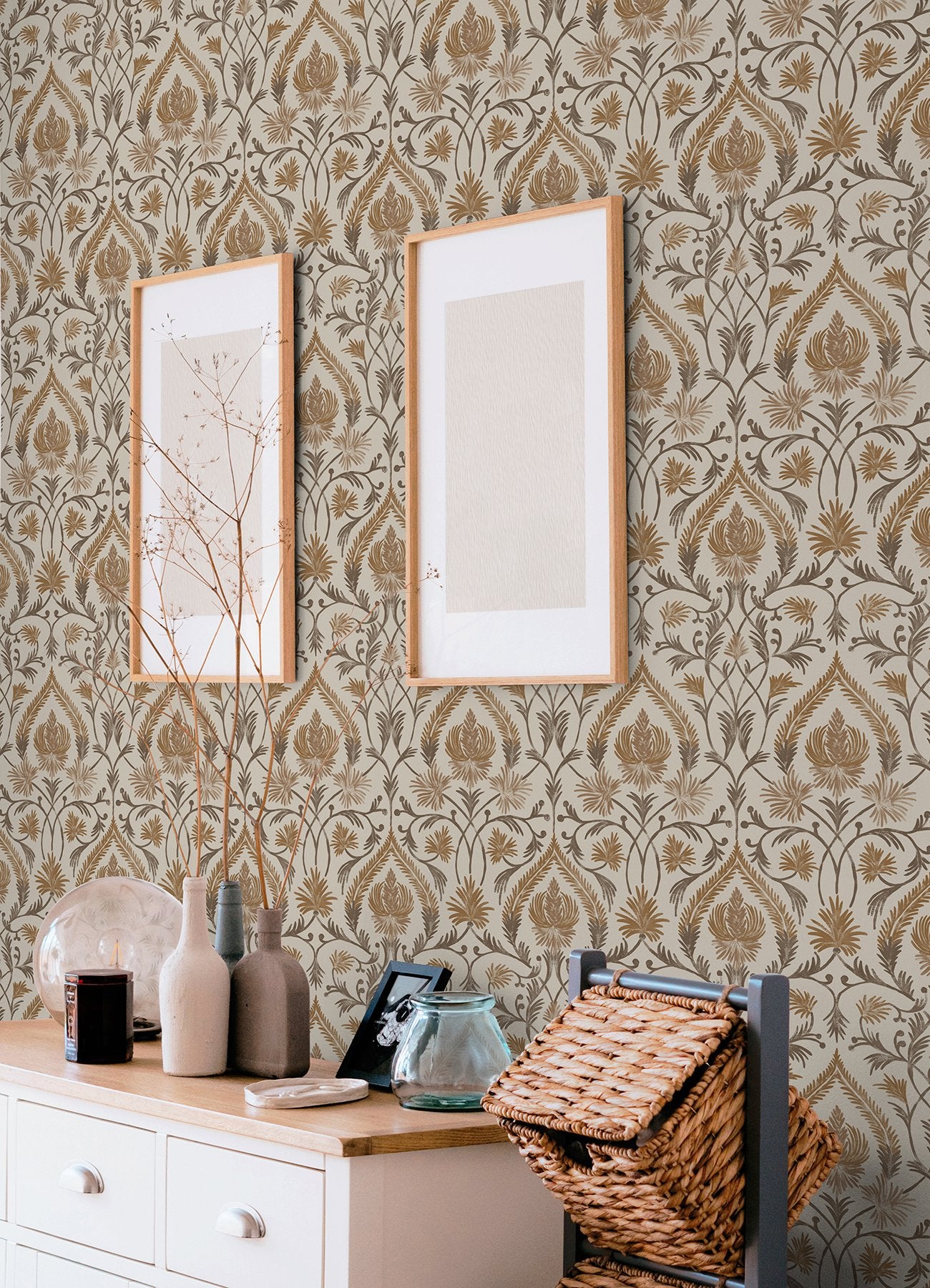 Isle Brown Peel & Stick Wallpaper with Botanical Damask Pattern, Traditional Style - NuWallpaper NUS6191