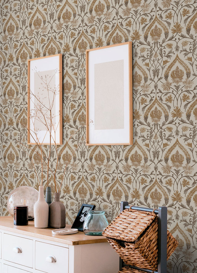Isle Brown Peel & Stick Wallpaper with Botanical Damask Pattern, Traditional Style - NuWallpaper NUS6191
