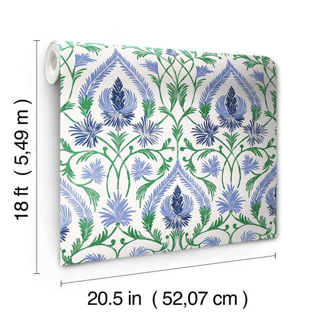 Isle Blue Peel & Stick Wallpaper with Botanical Damask Pattern - NuWallpaper NUS6192